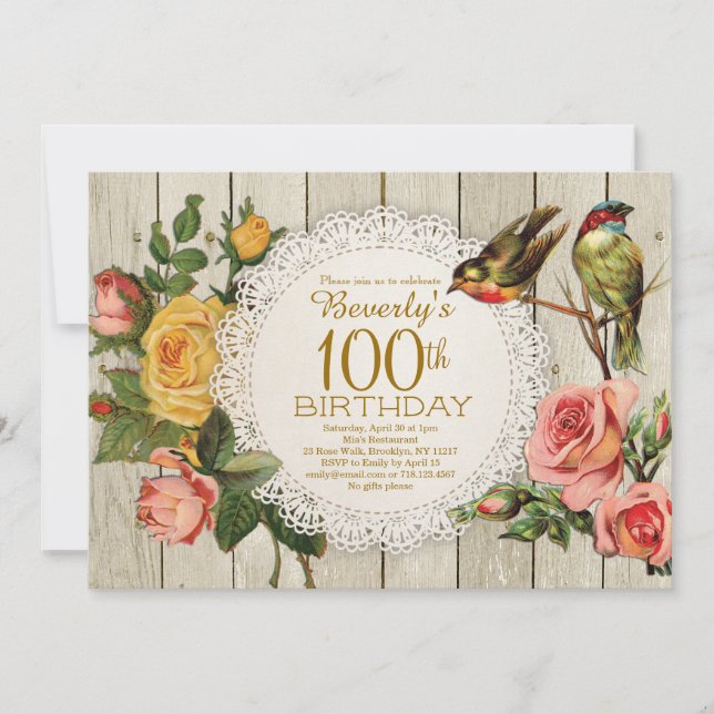 100.ª invitación de cumpleaños Pájaros florales Ro (Anverso)