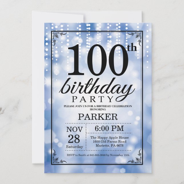 100.ª invitación de cumpleaños Purpurina azul (Anverso)