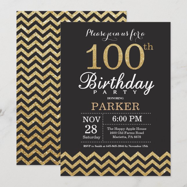100.ª invitación de cumpleaños Purpurina negro y o (Anverso / Reverso)