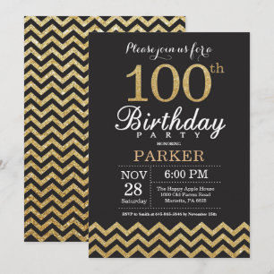 100.ª invitación de cumpleaños Purpurina negro y o