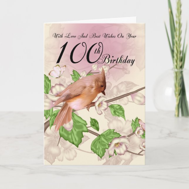 100.ª Tarjeta de Cumpleaños Con Pájaro Y Flor (Anverso)