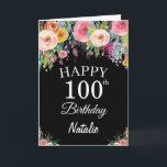 100.º cumpleaños acuarela Floral Flores Tarjeta ne<br><div class="desc">100 cumpleaños acuarela Floral Floral Tarjeta negra con nombre y edad personalizados. Para una mayor personalización,  haga clic en el botón "Personalizar" y utilice nuestra herramienta de diseño para modificar esta plantilla.</div>