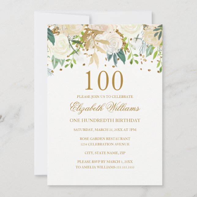 100.º cumpleaños Elegante Invitación floral de oro (Anverso)