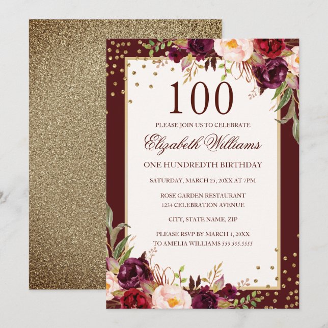 100.º cumpleaños Invitación a la floral de oro de  (Anverso / Reverso)
