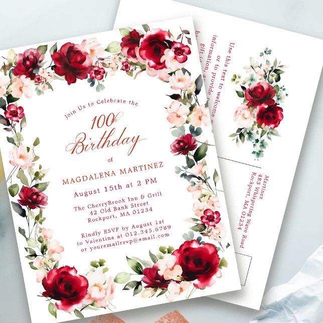 100.º cumpleaños Invitación a peones rosados rojos (Subido por el creador)
