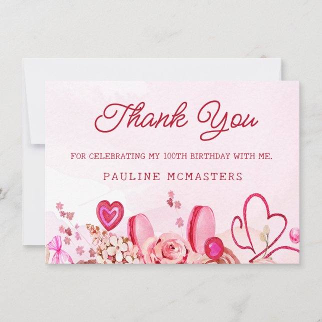 100.º cumpleaños Rosa Rosa Swirly Heart Gracias (Anverso)