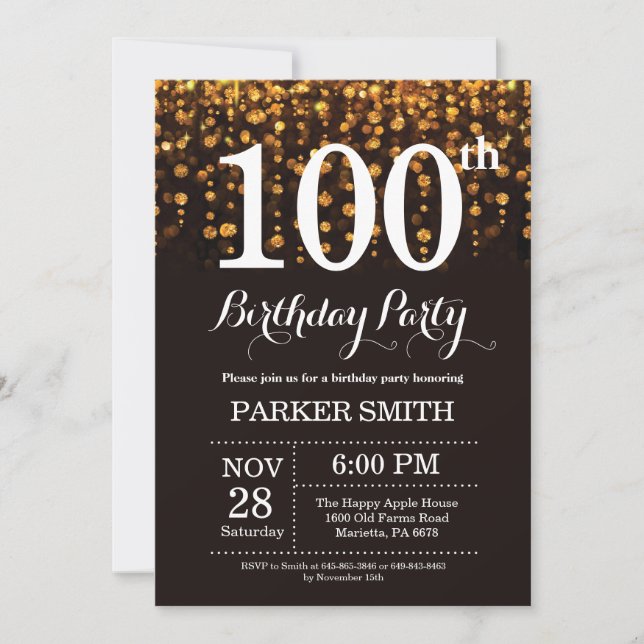100.º Purpurina de oro de la invitación de cumplea (Anverso)