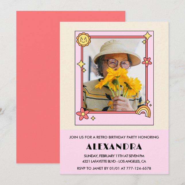 100 cumpleaños invitación Retro Groovy Floral rosa (Anverso / Reverso)