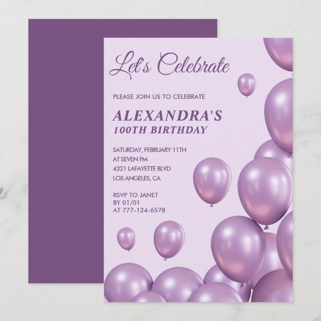 100 invitaciones de cumpleaños Globos Moda Púrpura (Anverso / Reverso)