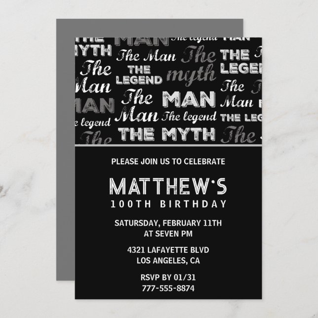 100 invitaciones de cumpleaños para él Men Myth Le (Anverso / Reverso)