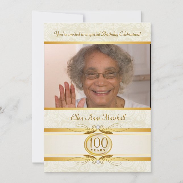 100o cumpleaños - invitación de marfil de la foto (Anverso)