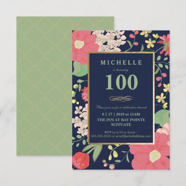 100o Invitación del cumpleaños - oro, floral (Anverso / Reverso)