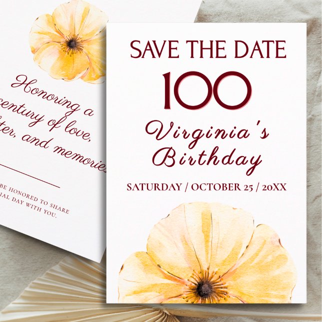 100th Birthday Yellow Flower, Modern Save the Date (Subido por el creador)