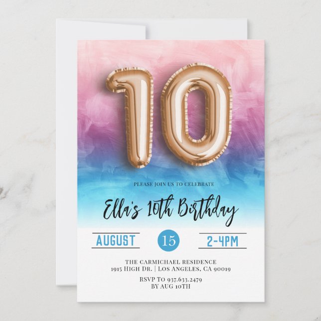 10.ª invitación a degradado rosa azul (Anverso)