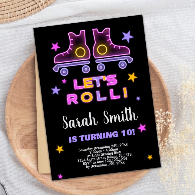 10.ª invitación de cumpleaños para patinar sobre p (10th Neon Pink Purple Skating Birthday Invitations)
