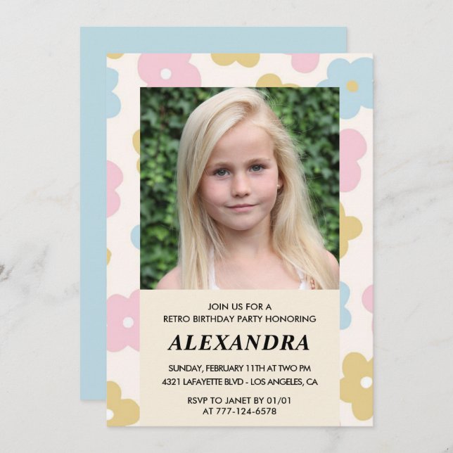 10.ª invitación de cumpleaños Retro Groovy Flowers (Anverso / Reverso)