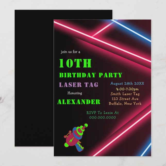 10.ª invitación para fiesta láser de cumpleaños (Anverso / Reverso)