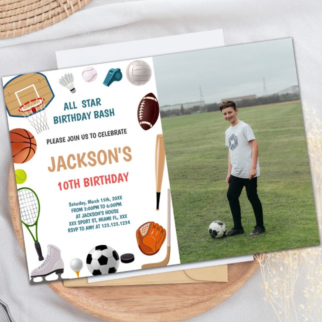 10.ª invitaciones de cumpleaños para deportes (10th Birthday Sports Birthday Invitations w photo)
