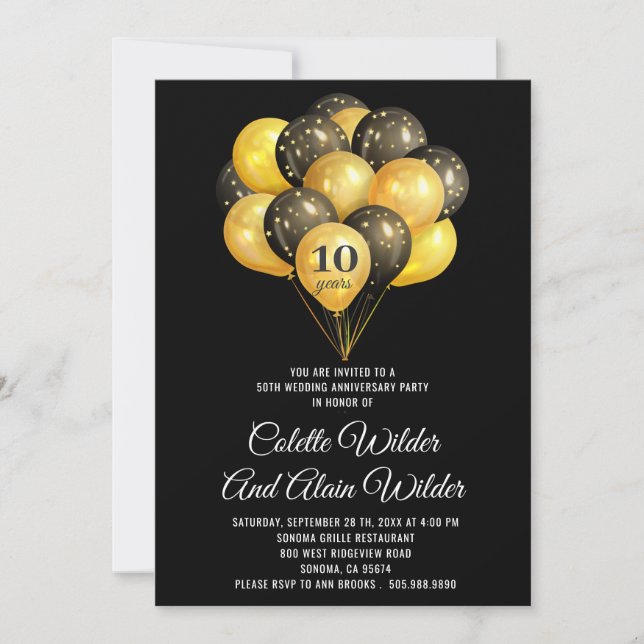 10.º Aniversario Boda Oro E Invitación Negra (Anverso)