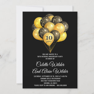 10.º Aniversario Boda Oro E Invitación Negra