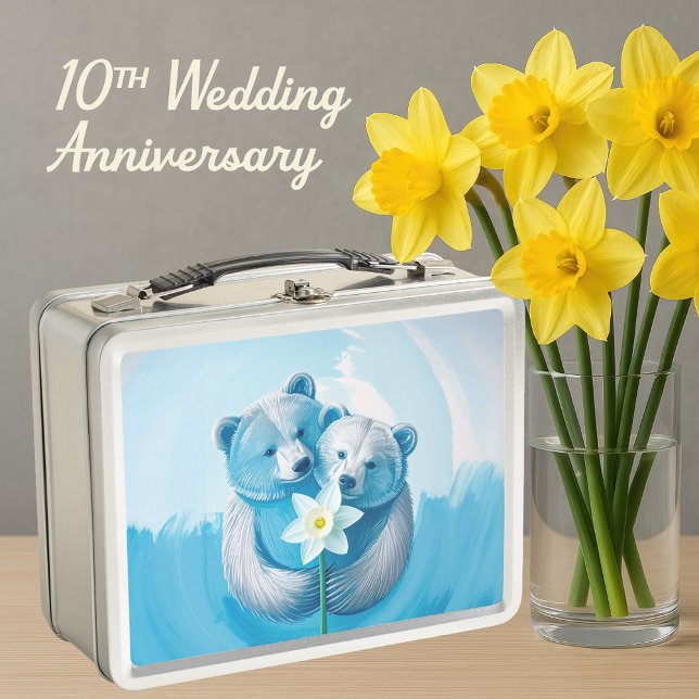 10.º Aniversario Pareja de oso (10th wedding anniversary Metal Tin lunch box keepsake gift. Daffodil anniversary for ten years)