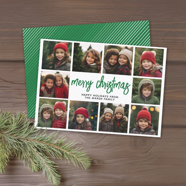 10 Collage de fotos - Feliz Navidad Green Stripes (10 Photo Modern Christmas Card - Bounce Calligraphy - green background - download option available)