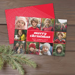10 Collage de fotos - Feliz Navidad Línea Roja Art<br><div class="desc">Un fondo rojo con un borde de fotos. — Usa fotos de 10 cuadrados y haz un saludo único y moderno de Feliz Navidad con un tipo de letra retro en el frente y un patrón de arco de arte de línea en la parte posterior. Si necesita mover algo, haga...</div>