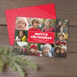 10 Collage de fotos - Feliz Navidad Línea Roja Art<br><div class="desc">Un fondo rojo con un borde de fotos. — Usa fotos de 10 cuadrados y haz un saludo único y moderno de Feliz Navidad con un tipo de letra retro en el frente y un patrón de arco de arte de línea en la parte posterior. Si necesita mover algo, haga...</div>