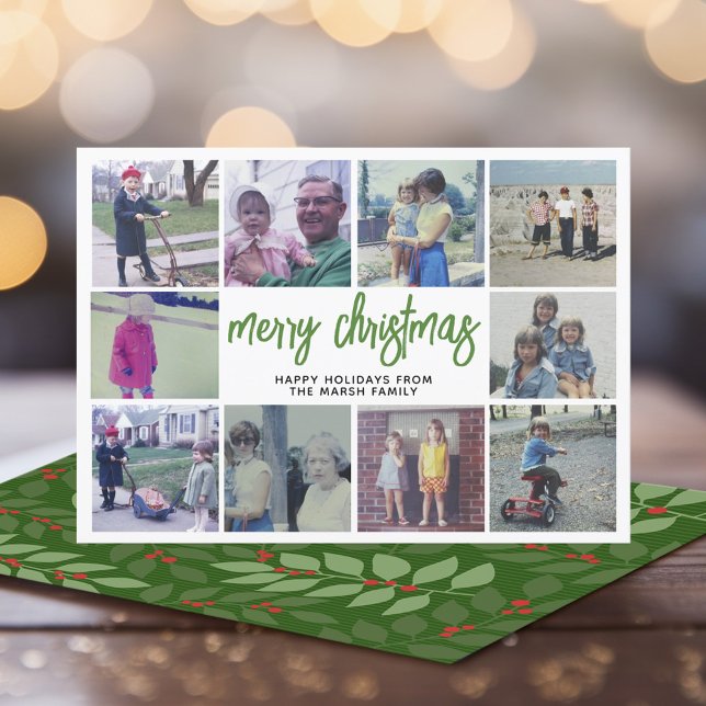 10 Collage de fotos - Feliz Navidad Verde Botánico (Modern online Christmas Card with 10 Photos and botanical back - download option)