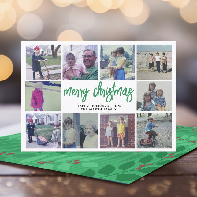 10 Collage de fotos - Feliz Navidad Verde Botánico (Add 10 Photos to this modern, whimsical Christmas Card)