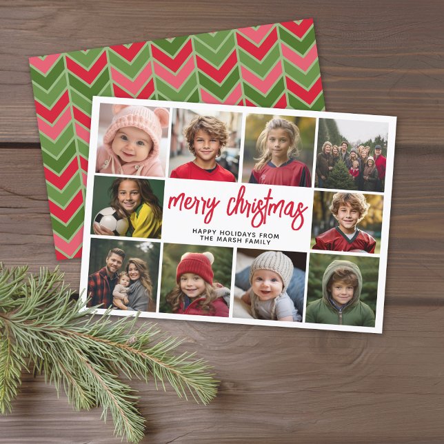 10 Collage de fotos - Feliz Navidad Verde Rojo (Modern online Christmas Card with 10 Photos and a bounce script for the greeting - download option)