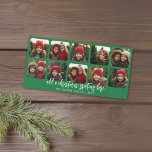 10 Collage de fotos - Mínima Feliz Navidad - verde<br><div class="desc">Patrón de trenzado verde vintage en la parte posterior - Un saludo navideño simple y minimalista con 10 fotos cuadradas y caligrafía moderna. Recortar tus fotos en cuadrados antes de subirlas.</div>