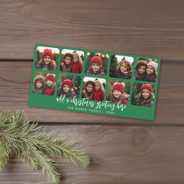 10 Collage de fotos - Mínima Feliz Navidad - verde (Holiday Photo card with 10 Photo Collage. Download Option Available. Red Accents)
