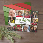 10 Collages de fotos - Feliz Navidad estribos retr<br><div class="desc">Patrón de rayas retro en verde profundo y rojo — Usa fotos de 10 cuadrados y haz un exclusivo y moderno saludo de Navidad con un escritura rústico y moderno en el frente y un patrón de arte de línea festivo en la parte trasera. Si necesita mover algo, haga clic...</div>