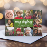 10 Collages de fotos - Feliz Navidad estribos retr<br><div class="desc">Patrón de rayas retro verde profundo — Usa fotos de 10 cuadrados y haz un exclusivo y moderno saludo de Navidad con un guión moderno rústico en la parte delantera y un patrón de arte de línea festivo en la parte trasera. Si necesita mover algo, haga clic en el botón...</div>