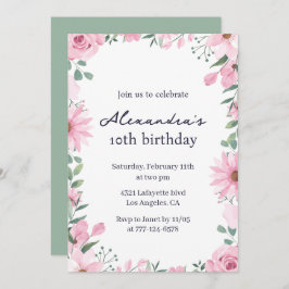 10 invitaciones de cumpleaños Floral Frame Pink Gr