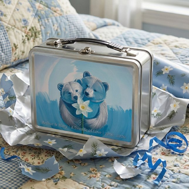 10th Tin Anniversary Bear Couple | Keepsake Memory (A silver and blue 10th wedding anniversary tin gift. Featuring a bear couple holding a daffodil)