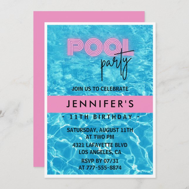 11 invitaciones de cumpleaños Fiesta de piscina ve (Anverso / Reverso)