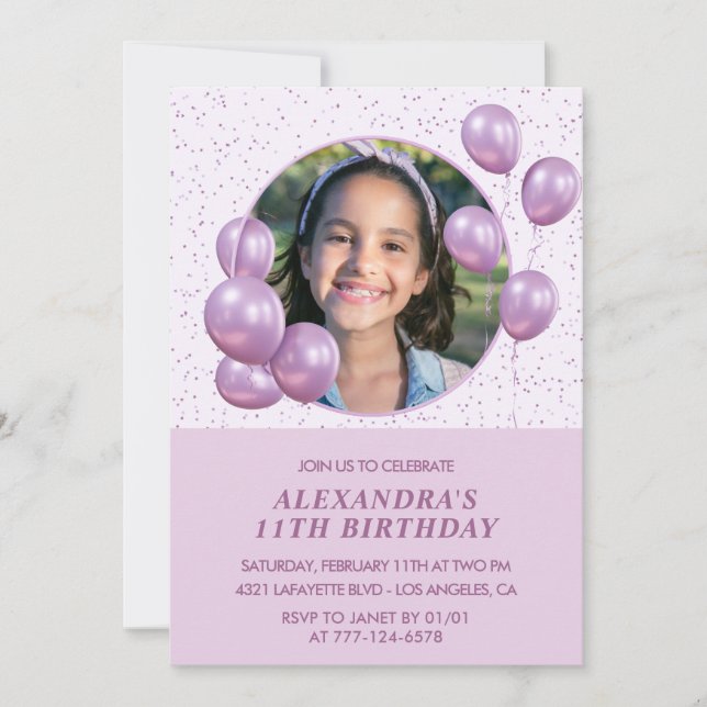 11 invitaciones de cumpleaños Globos Foto Púrpura (Anverso)