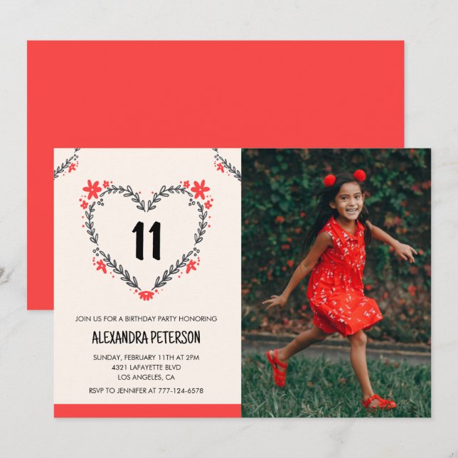 11 invitaciones de cumpleaños para su Floral Heart (Anverso / Reverso)