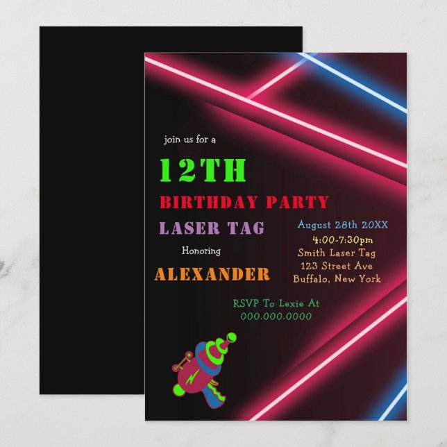 12.ª invitación para fiesta láser de cumpleaños (Anverso / Reverso)