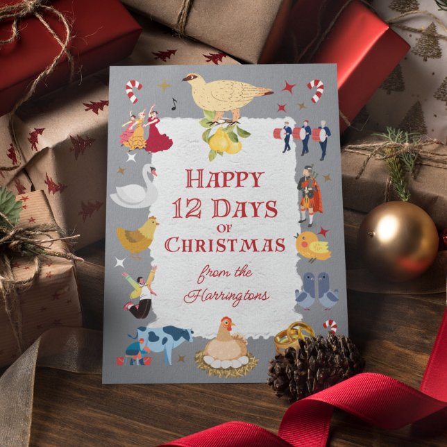 12 Días de Navidad Lindo Tradicional Tardío (On this whimsical card, "12 Days of Christmas" images pop against a soft gray background.)