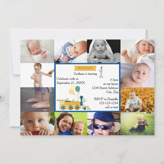 12 fotos Tren azul de cumpleaños - Invitación de c (Anverso)