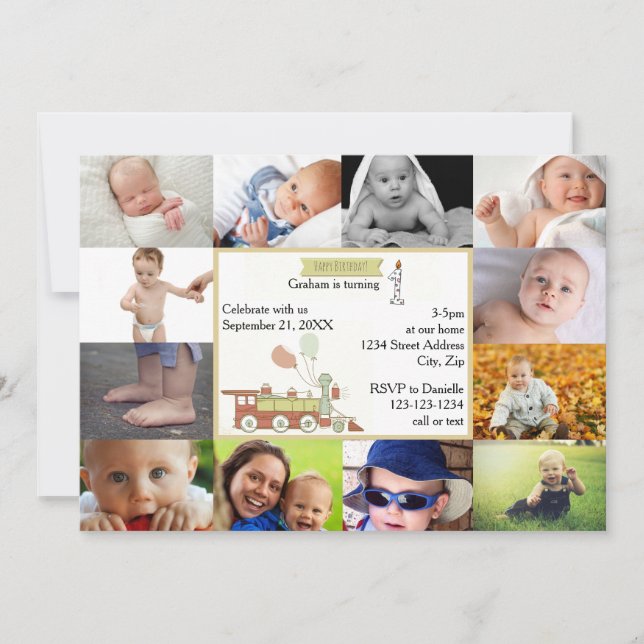 12 Fotos Tren de cumpleaños rojo - Invitación de c (Anverso)