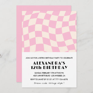 12 invitaciones de cumpleaños Checkered Retro Pink