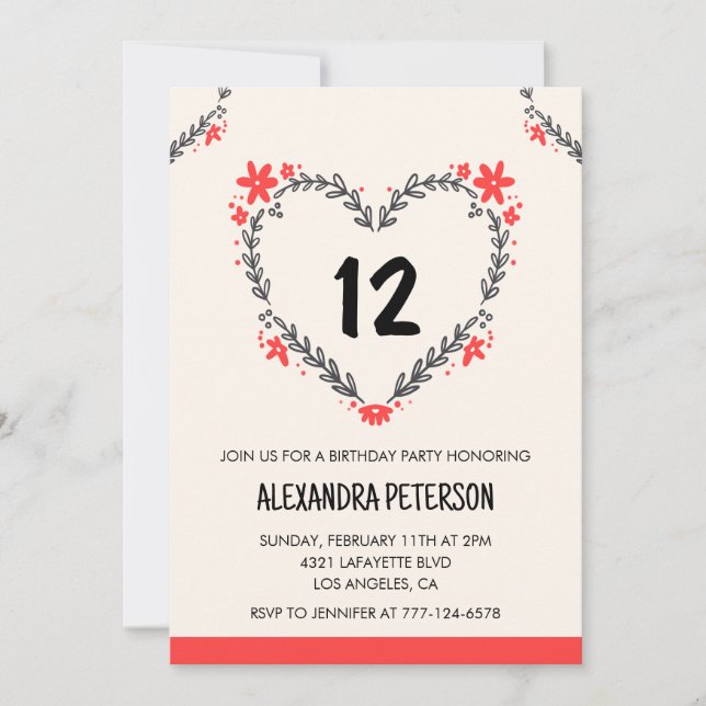 12 invitaciones de cumpleaños para su corazón flor (Anverso)