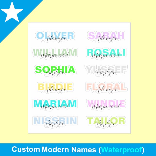 12 modernos nombres coloridos, mejores Pegatinas i (trendy name stickers
waterproof school labels
modern name tags)