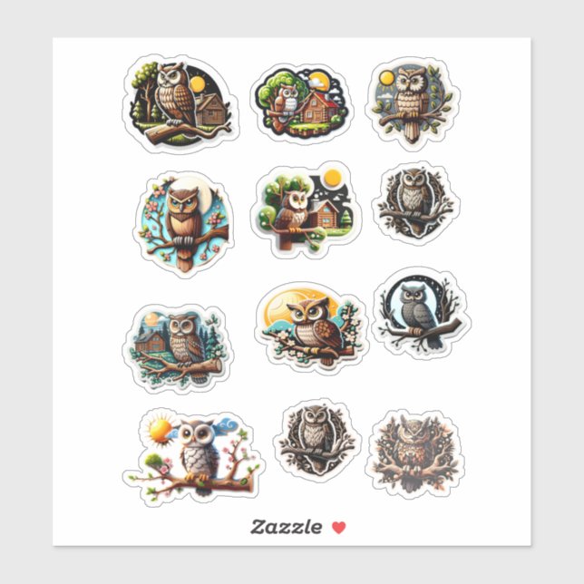 12 Pegatinas de lechuza diferentes (Hoja)