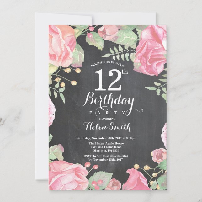 12ma invitación floral botánica del cumpleaños (Anverso)