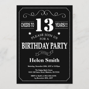 13.ª invitación a cumpleaños pizarra blanca negra